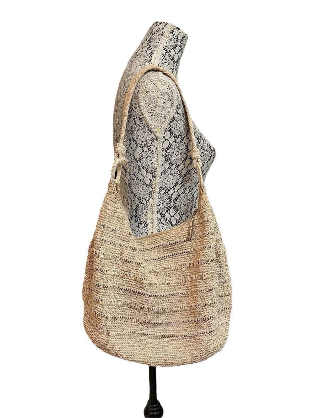 Crochet Sequin Cream Colored Shoulder Bag